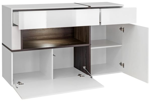 Sideboard Lovely in wei� Hochglanz und Ulme Kommode mit LED und Push-to-Open, 150 x 90 cm