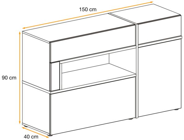 Sideboard Lovely in wei� Hochglanz und Ulme Kommode mit LED und Push-to-Open, 150 x 90 cm