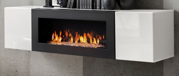 H�ngekommode Shine in wei� Hochglanz H�ngeschrank mit Ethanol Kamin, 160 x 40 cm