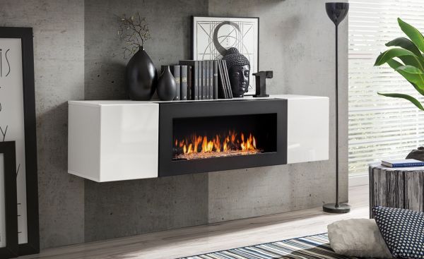 H�ngekommode Shine in wei� Hochglanz H�ngeschrank mit Ethanol Kamin, 160 x 40 cm