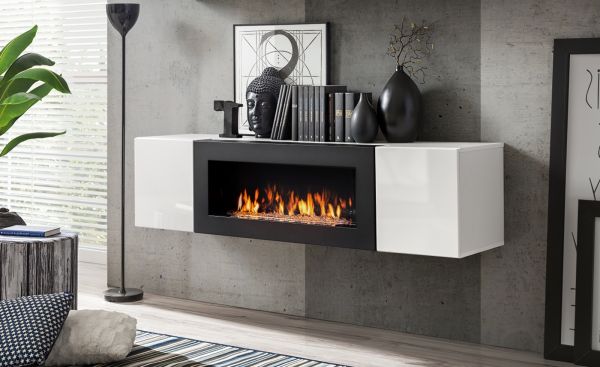H�ngekommode Shine in wei� Hochglanz H�ngeschrank mit Ethanol Kamin, 160 x 40 cm