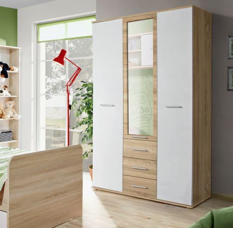 Kleiderschrank Superior in wei� und Sonoma Eiche Kinder-/Jugendzimmer Dreht�renschrank 3-t�rig 135 x 190 cm