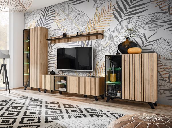 Wohnwand Lines in Hickory Eiche und schwarz Schrankwand 4-teilig mit LED und Push-to-Open, 340 x 192 cm
