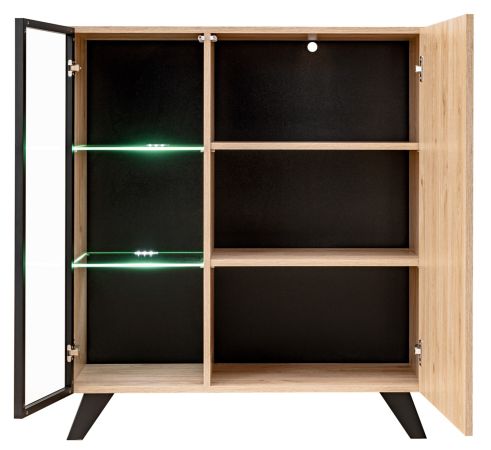 Wohnwand Lines in Hickory Eiche und schwarz Schrankwand 4-teilig mit LED und Push-to-Open, 340 x 192 cm