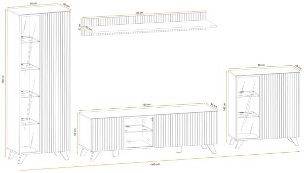 Wohnwand Lines in Hickory Eiche und schwarz Schrankwand 4-teilig mit LED und Push-to-Open, 340 x 192 cm