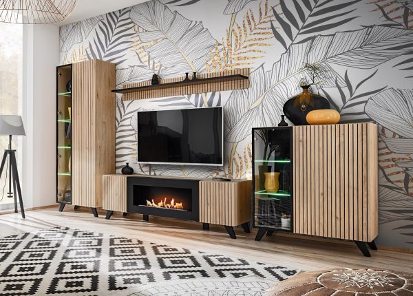 Wohnwand Lines in Hickory Eiche und schwarz Schrankwand 4-teilig mit Ethanol Kamin und LED, 340 x 192 cm