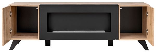 Wohnwand Lines in Hickory Eiche und schwarz Schrankwand 4-teilig mit Ethanol Kamin und LED, 340 x 192 cm