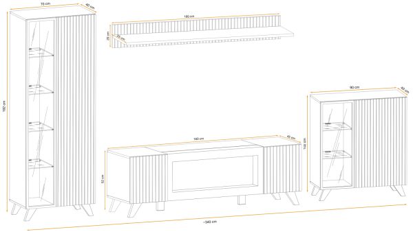 Wohnwand Lines in Hickory Eiche und schwarz Schrankwand 4-teilig mit Ethanol Kamin und LED, 340 x 192 cm