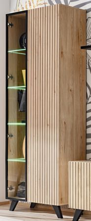 Vitrine Lines in Hickory Eiche und schwarz Glasvitrine mit LED und Push-to-Open, 70 x 192 cm