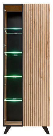 Vitrine Lines in Hickory Eiche und schwarz Glasvitrine mit LED und Push-to-Open, 70 x 192 cm
