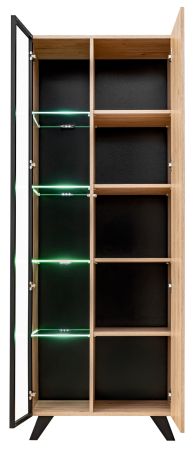 Vitrine Lines in Hickory Eiche und schwarz Glasvitrine mit LED und Push-to-Open, 70 x 192 cm