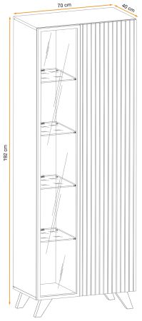 Vitrine Lines in Hickory Eiche und schwarz Glasvitrine mit LED und Push-to-Open, 70 x 192 cm