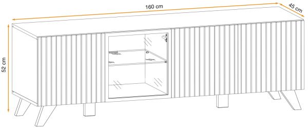 TV-Lowboard Lines in Hickory Eiche und schwarz TV-M�bel mit LED und Push-to-Open, 160 x 52 cm
