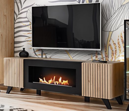 TV-Lowboard Lines in Hickory Eiche und schwarz TV-M�bel mit Ethanol Kamin, 160 x 52 cm