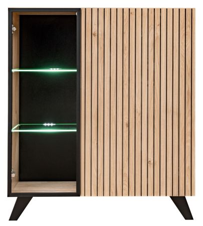 Vitrinenschrank Lines in Hickory Eiche und schwarz Glasvitrine mit LED und Push-to-Open, 90 x 192 cm