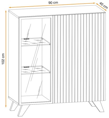 Vitrinenschrank Lines in Hickory Eiche und schwarz Glasvitrine mit LED und Push-to-Open, 90 x 192 cm