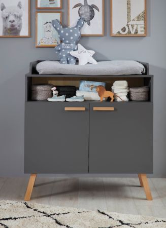 Babyzimmer Wickelkommode Svea in grau matt mit Buche massiv Babym�bel Wickeltisch 96 x 105 cm