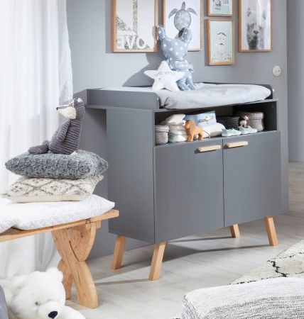 Babyzimmer Wickelkommode Svea in grau matt mit Buche massiv Babym�bel Wickeltisch 96 x 105 cm