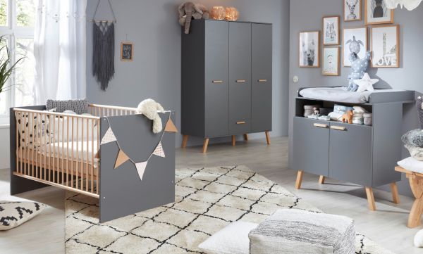 Babyzimmer Wickelkommode Svea in grau matt mit Buche massiv Babym�bel Wickeltisch 96 x 105 cm