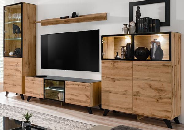 Wohnwand Heritage in Wotan Eiche und schwarz Schrankwand inklusive LED, 330 x 197 cm