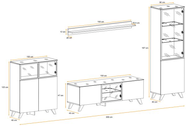 Wohnwand Heritage in Wotan Eiche und schwarz Schrankwand inklusive LED, 330 x 197 cm