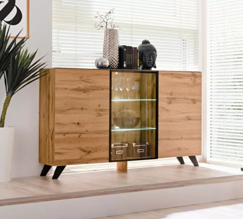 Sideboard Heritage in Wotan Eiche und schwarz Kommode mit LED, 150 x 100 cm