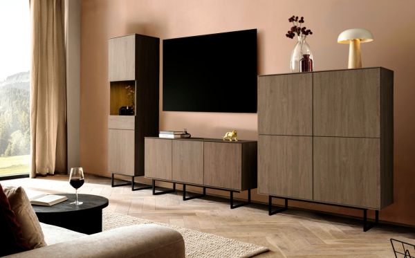 Wohnwand Breda in Nussbaum Wohnkombination 2-teilig 220 cm, mit Push-to-Open