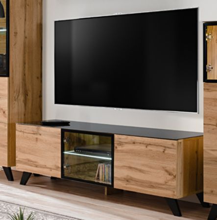 TV-Lowboard Heritage in Wotan Eiche und schwarz TV-M�bel mit LED, 150 x 47 cm
