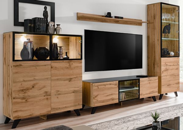 TV-Lowboard Heritage in Wotan Eiche und schwarz TV-M�bel mit LED, 150 x 47 cm