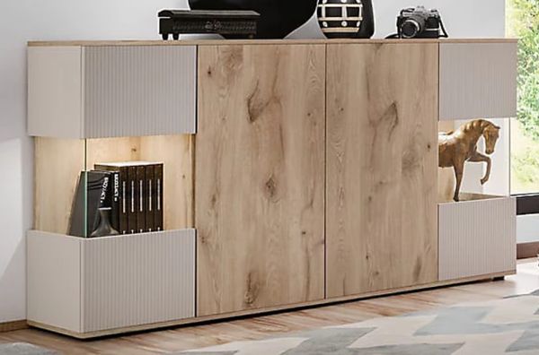 Sideboard Cathlyn in Eiche und Kaschmir, Kommode inkl. LED, 160 x 92 cm