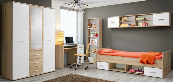 Kinder-/Jugendzimmer Superior in wei� und Sonoma Eiche Komplett Set 5-teilig