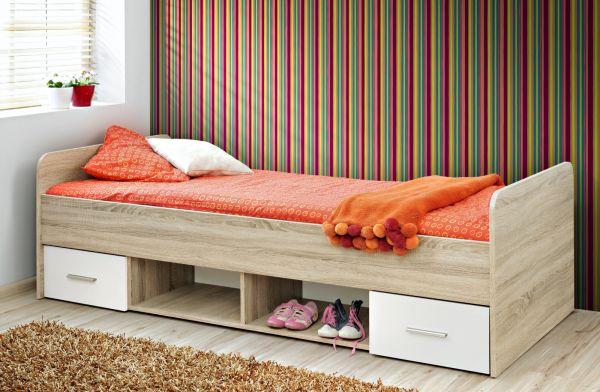 Kinderbett / Jugendbett Superior in wei� und Sonoma Eiche Bett inkl. Lattenrost 96 x 204 cm