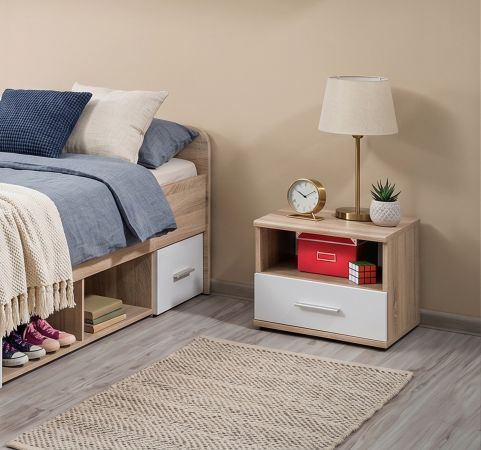 Nachttisch Superior in wei� und Sonoma Eiche Nachtkommode f�r Kinderzimmer / Jugendzimmer, 45 x 38 cm