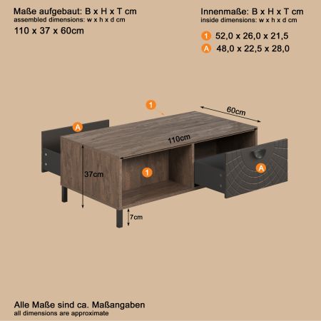 Couchtisch Oriana in Bronze und Rostoptik Beistelltisch 110 cm, Soft-Close
