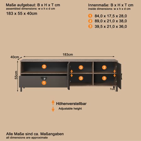 TV-Lowboard Oriana in Bronze und Rostoptik TV Unterteil 183 cm, Soft-Close