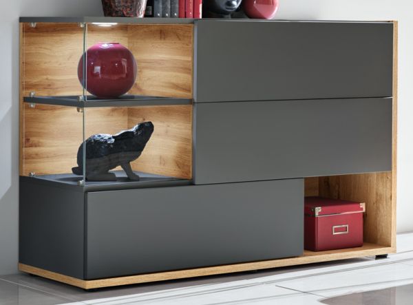 Sideboard Lester in Grau / Anthrazit und Wotan Eiche Kommode mit LED, Push-to-Open, 120 x 77 cm