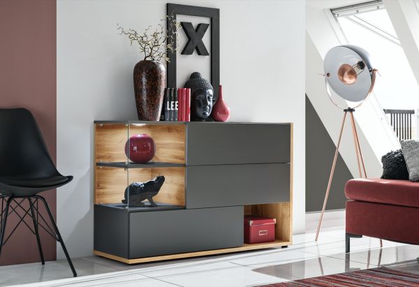 Sideboard Lester in Grau / Anthrazit und Wotan Eiche Kommode mit LED, Push-to-Open, 120 x 77 cm
