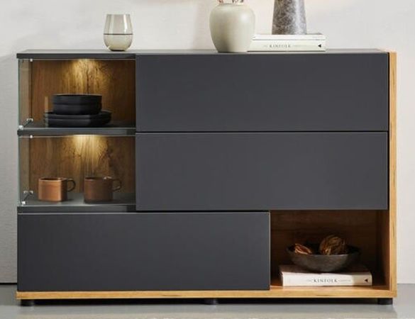 Sideboard Lester in Grau / Anthrazit und Wotan Eiche Kommode mit LED, Push-to-Open, 120 x 77 cm