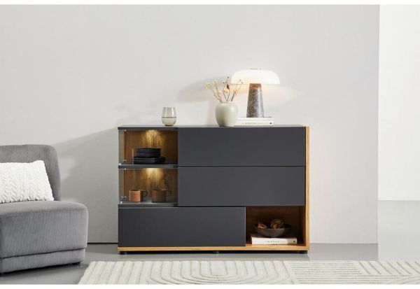 Sideboard Lester in Grau / Anthrazit und Wotan Eiche Kommode mit LED, Push-to-Open, 120 x 77 cm