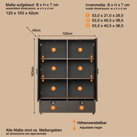 Highboard Oriana in Bronze und Rostoptik Kommode 120 x 163 cm, Soft-Close