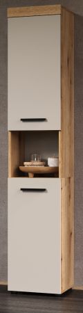 Badezimmer Hochschrank Celeste in Kaschmir und Evoke Eiche Badschrank 36 x 184 cm