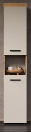 Badezimmer Hochschrank Celeste in Kaschmir und Evoke Eiche Badschrank 36 x 184 cm