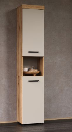 Badezimmer Hochschrank Celeste in Kaschmir und Evoke Eiche Badschrank 36 x 184 cm