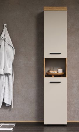 Badezimmer Hochschrank Celeste in Kaschmir und Evoke Eiche Badschrank 36 x 184 cm
