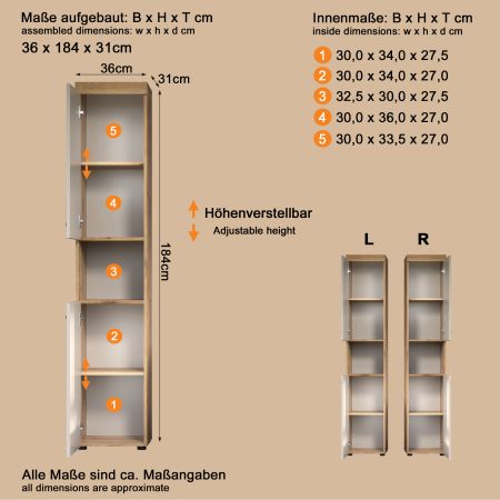 Badezimmer Hochschrank Celeste in Kaschmir und Evoke Eiche Badschrank 36 x 184 cm