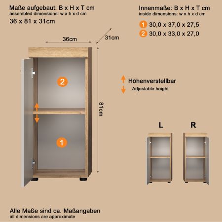 Badezimmer Kommode Celeste in Kaschmir und Evoke Eiche Badschrank 36 x 81 cm