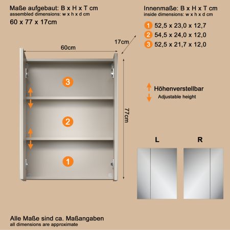 Badezimmer Spiegelschrank Celeste in Kaschmir Badschrank 2-t�rig 60 x 77 cm