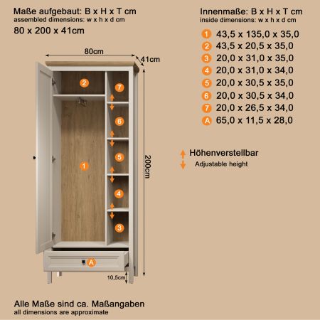 Garderobenschrank Cozy in Kaschmir und Stein Eiche Landhaus Garderobe 80 x 200 cm, Soft-Close