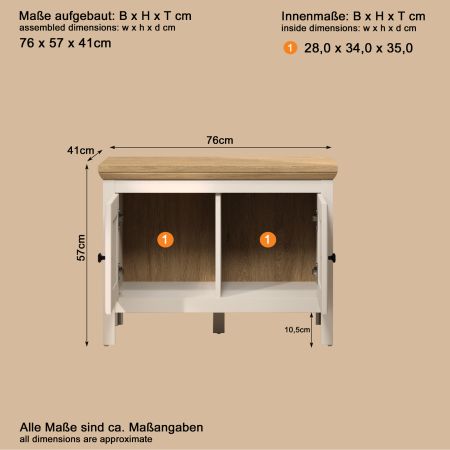 Garderobe Sitzbank Cozy in Kaschmir und Stein Eiche Landhaus Garderobenbank 76 cm, Soft-Close
