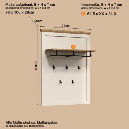 Garderobenpaneel Cozy in Kaschmir und Stein Eiche Landhaus Wandgarderobe 76 x 100 cm